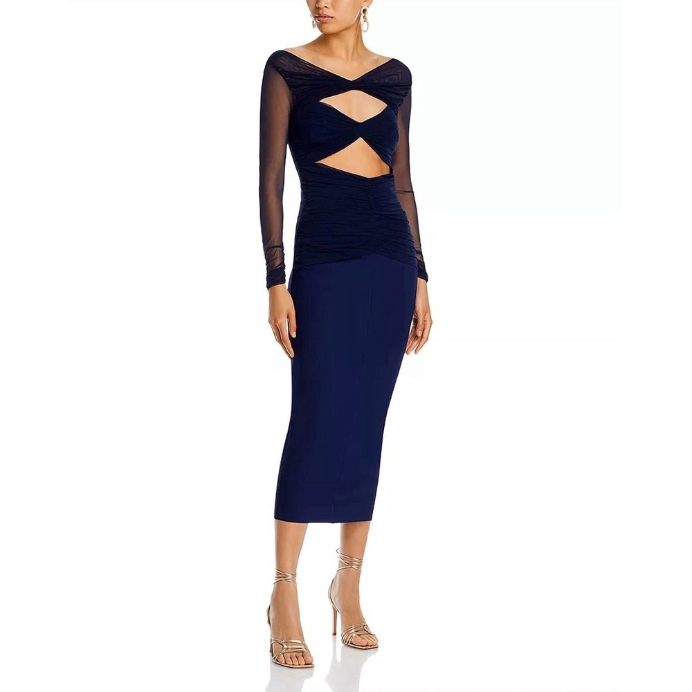Chiara Boni Leitha Illusion Midi Dress Sz 8 Navy Cutout Ruched Sheer Sleeves